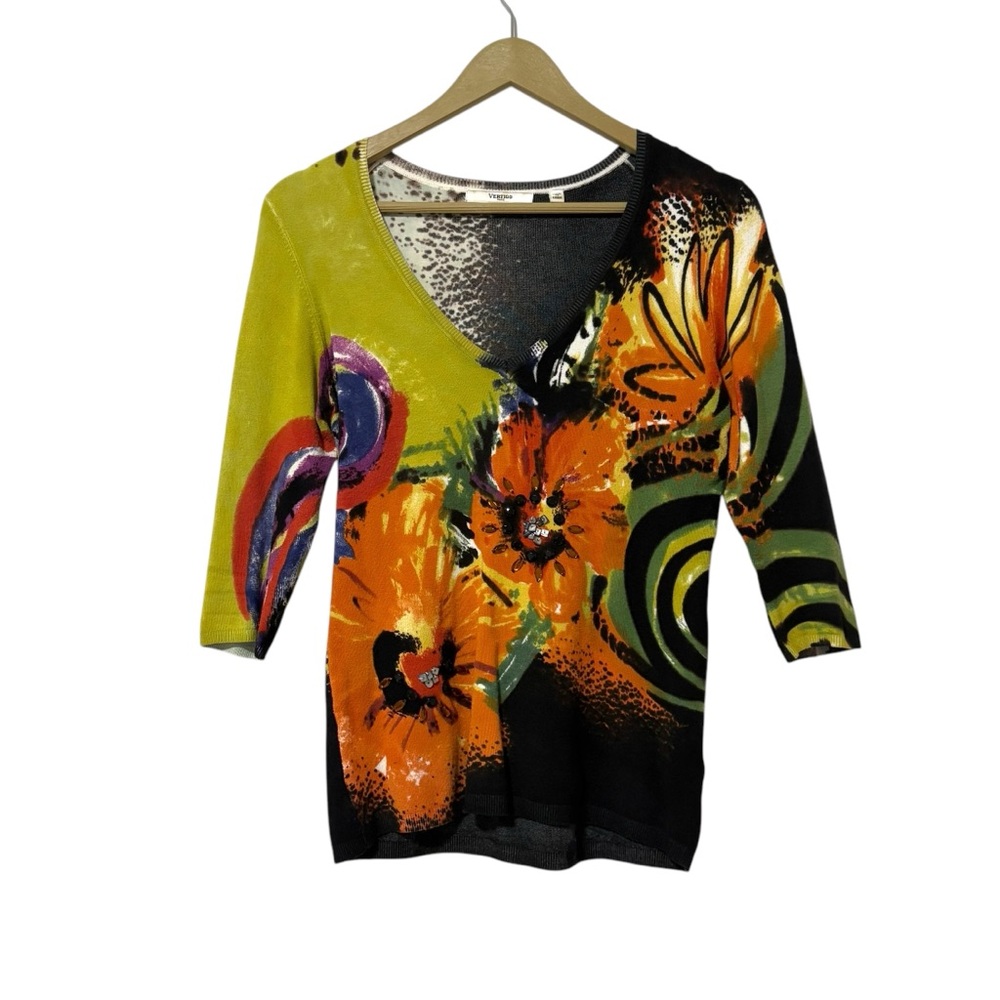 Vertigo Paris Multicolor Knit Beaded Dopamine Sweater Size‎ Small Classic Floral